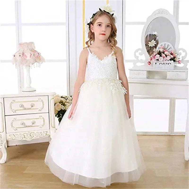 Vintage Lace Flower Girl Dress Tassel Thin Shoulder Straps Princess Pageant Kid Girl Wedding Birthday Party First Communion Gown