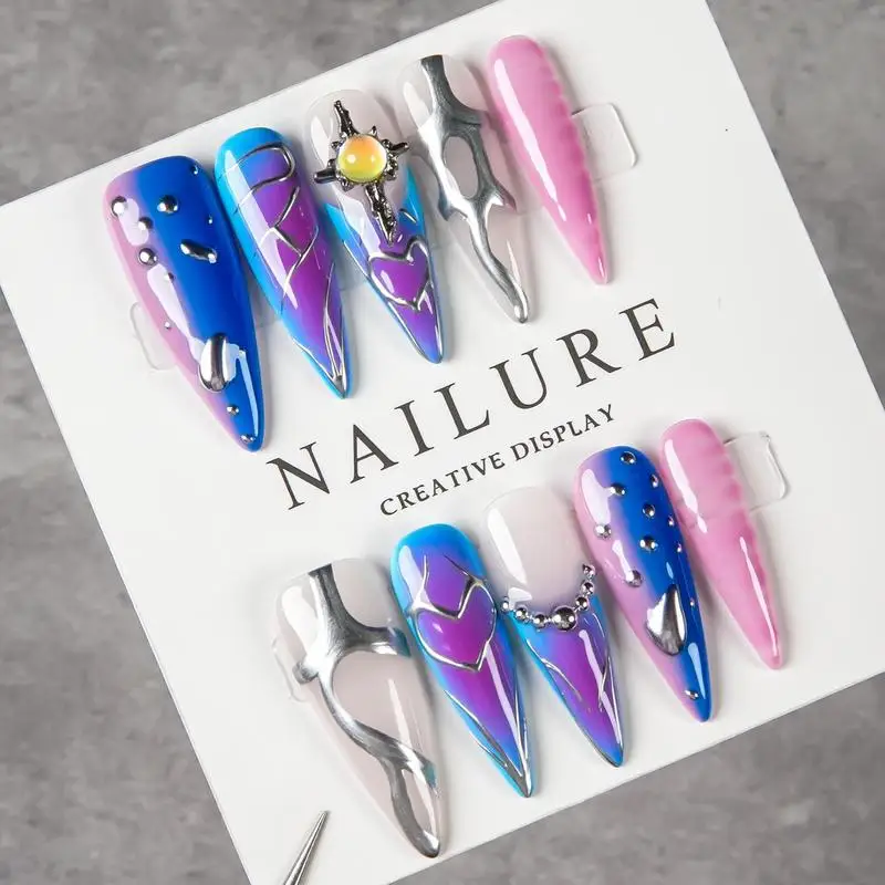 Handmade Long Stiletto Press On Nails Blue Purple Gradient Liquid Silver Cross Gem Metal Line Fake Nails Futuristic Y2K Cyber Co