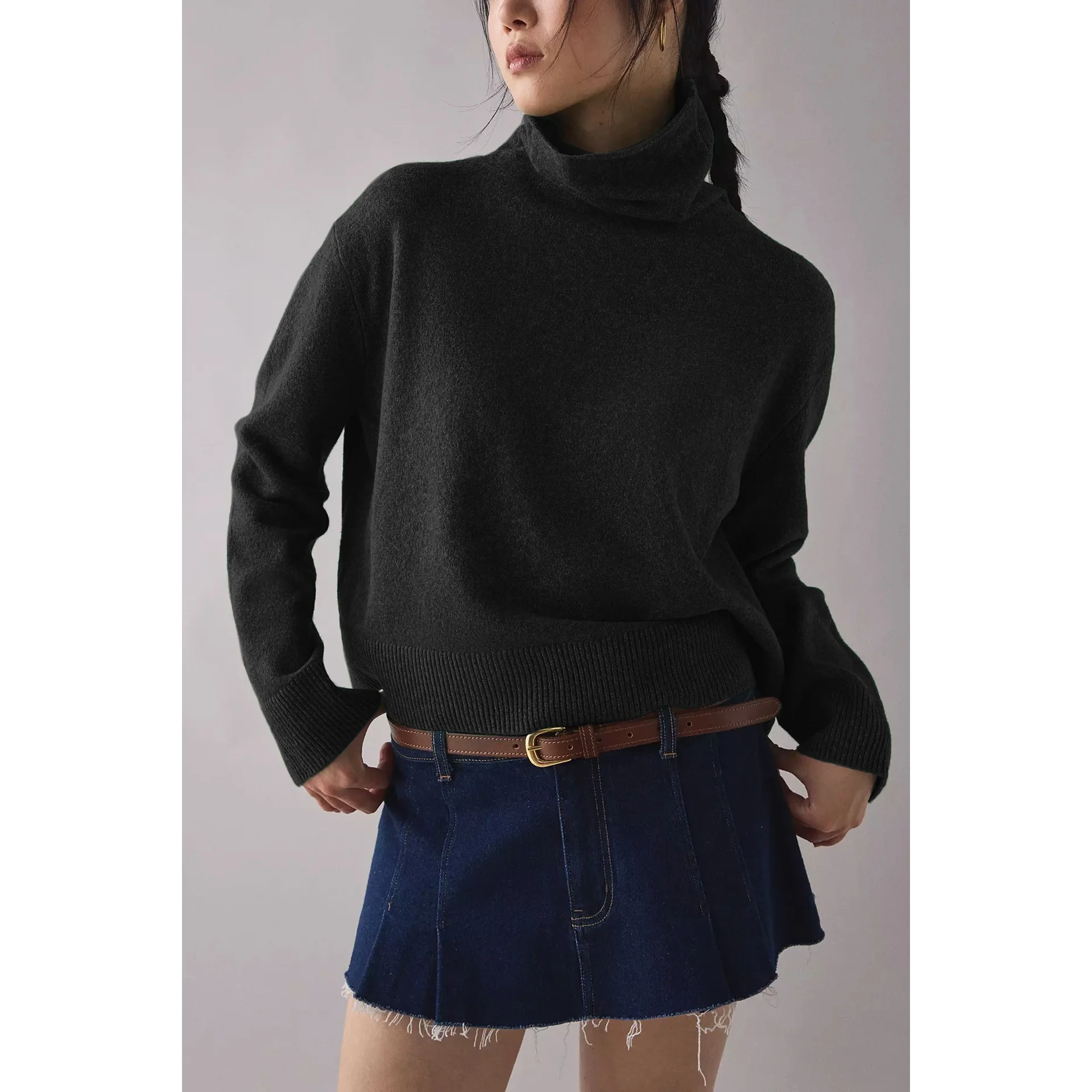 Women's Polyester Knit Sweater with Solid Color Finish High Neck Design and Dropped Shoulder Warm Season Everyday Wear