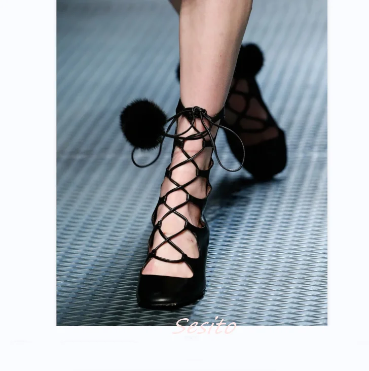 Round Toe Lace Up Fur Ball Sandals Block Middle Heels Cross Straps Fashion Women Hollow Summer Casual Sexy Dress Party Shoes