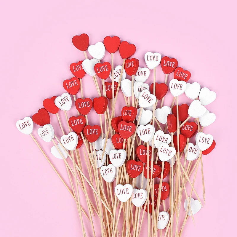 

100Pcs Disposable Love Heart Bamboo Pick Food Cupcake Fruit Cocktail Fork Picnic Dessert Salad Stick Wedding Party Home Supplies