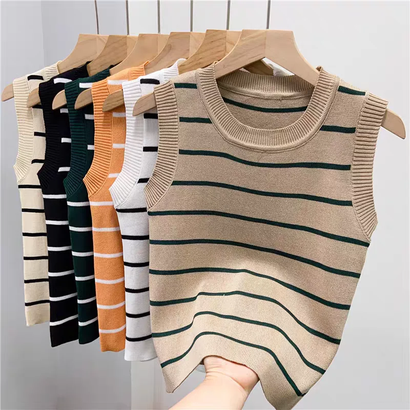 Women\'s Basic Tank Crop Top Female Knitted Sleeveless Basic Striped T shirts Women\'s Slim Stretchy Thin Knitwear Summer