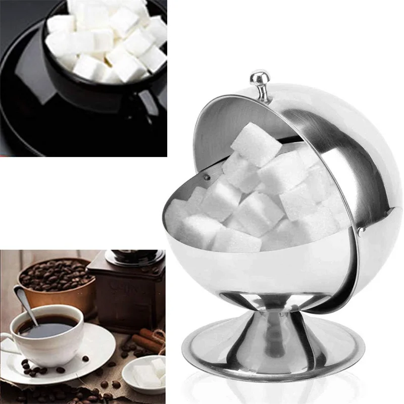 Sugar Bowl Stainless Steel Sugar Creamer Pots Candy Bowl Spherical Kitchen Seasoning Boxes Bottle Flip Cup Baptism Sugar Can Jar