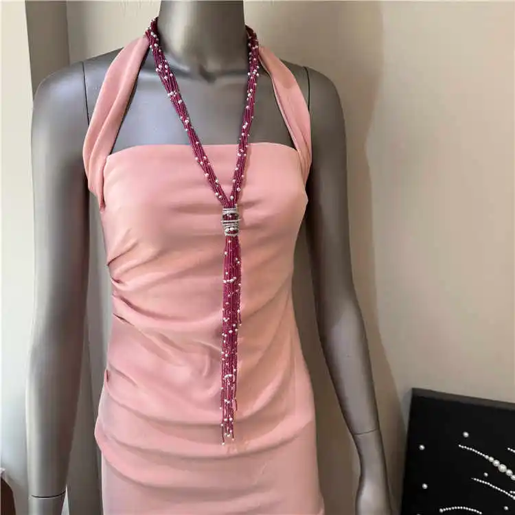 Lots of  Rows Rose Crystal And White Pearl Silver CZ Crystal Connector Necklace Multi Strands Pendent Jewelry For Women