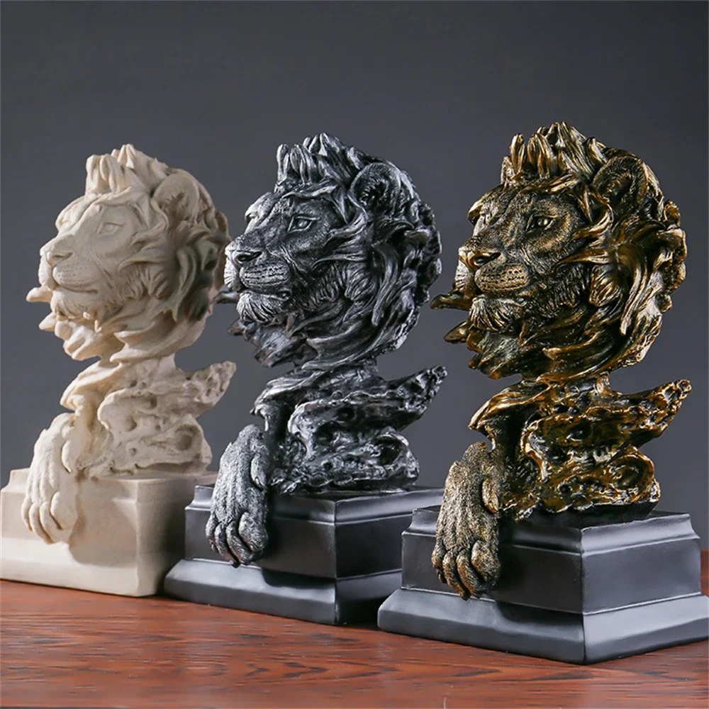 Lion Statue Vintage Animal Imitation Bronze Lion Head Resin Crafts Living Room, Porch, Office, Home Decoration, Modern Art