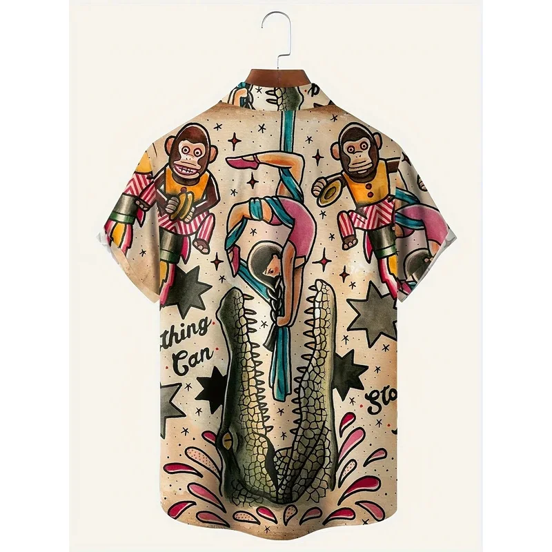 Plus-size men's summer anime crocodile and gorilla print casual short-sleeved fashion 2025 New Hawaiian shirt