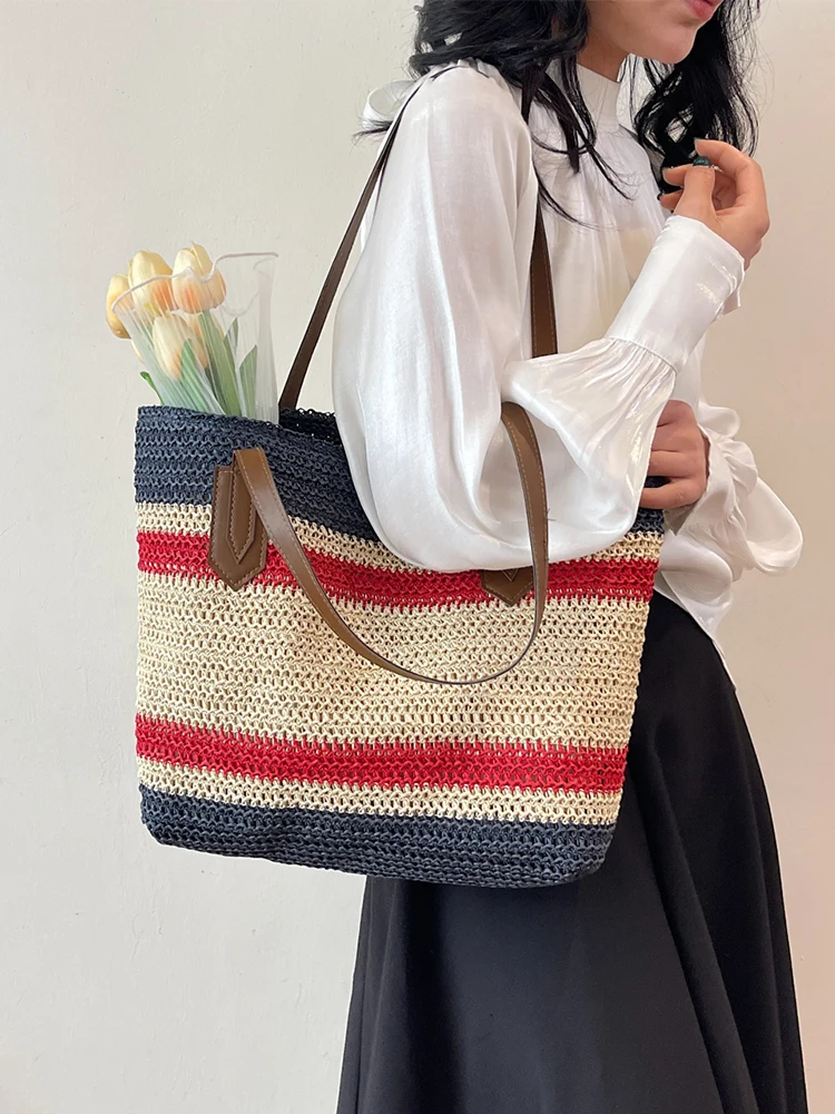 Sac à bandoulière en paille pour femmes, grande capacité, sac de plage d'été, fourre-tout à fermeture éclair, sac à bandoulière pour voyage, vacances Shopping