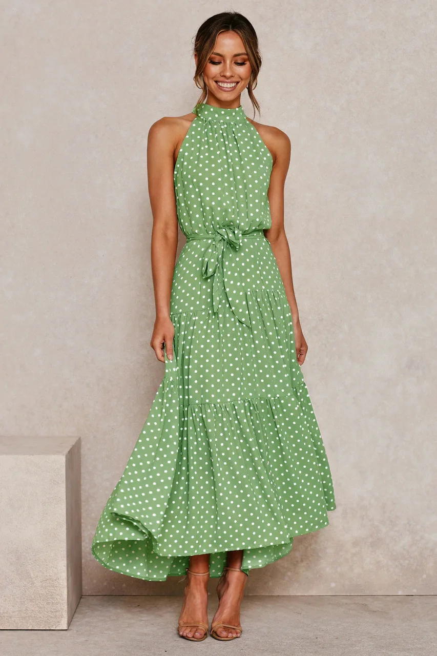Women's Halter Neck Maxi Dress - Floral Print Boho Chic Smocked Waist Summer Beach Dress for Vacation Casual Wear