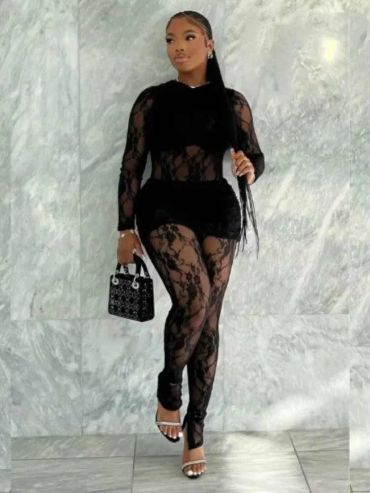 

Joskaa Lace See Through 2 Piece Sets Women Sexy V-Neck Full Sleeve Jumpsuits and Mini Skirt Matching 2025 Midnight Club Outfits