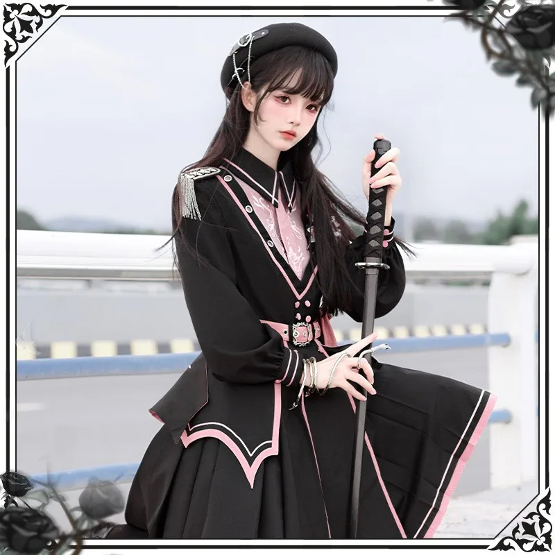 Vintage Gothic Lolita Jurk Vrouwen Donkerroze Militaire Stijl Afdeling Lolita Mantel Sjaal Mantel Vrouwelijke Harajuku Feestjurk