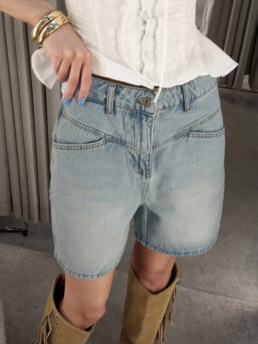 Bornladies Women's Denim Shorts 2026 New European and American Pocket Design Retro Shorts Suitable for Daily Casual Street Wear