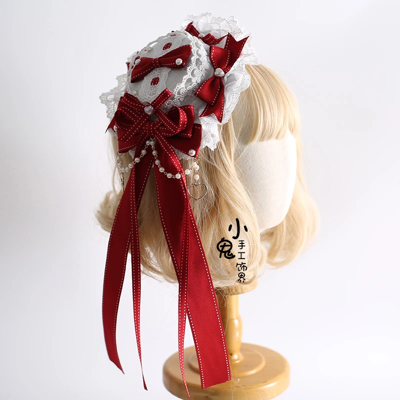 Lolita Girls Rose With Long Ribbon hearwear headband Top Hat with hairbins Anime Maid Cosplay Headdress