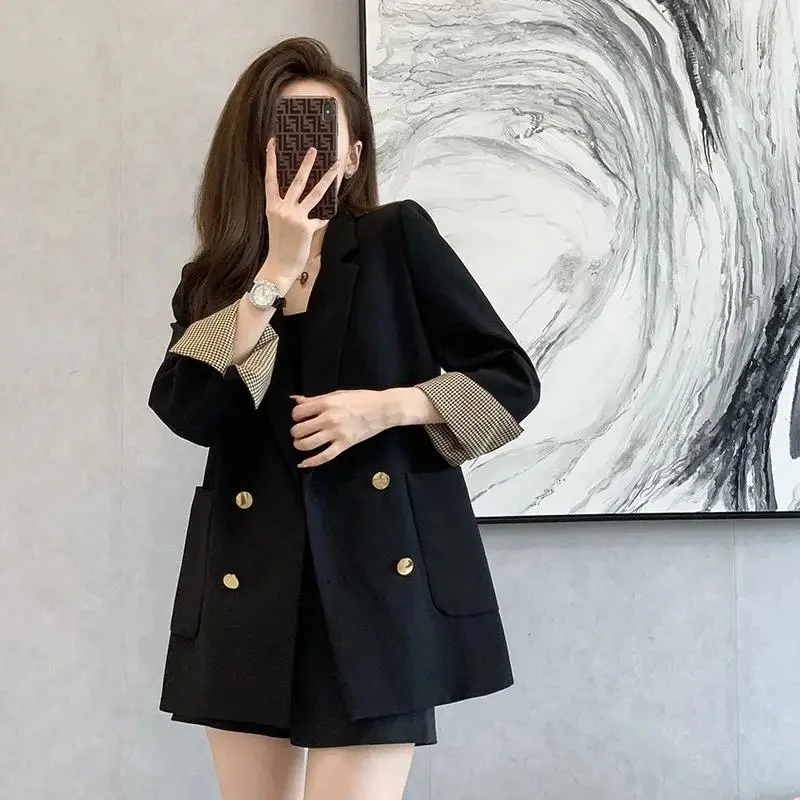 2024 Spring and Summer New French Retro British Style Loose and Slim High-end Double-breasted Black Sleeve Blazer Jacket Top