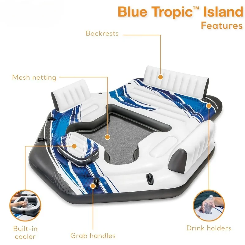 Blue Tropic Inflatable 5 Person Raft or Swimming Pool Island Water Floating Lounger Raft with Backrests, Built in Cooler,