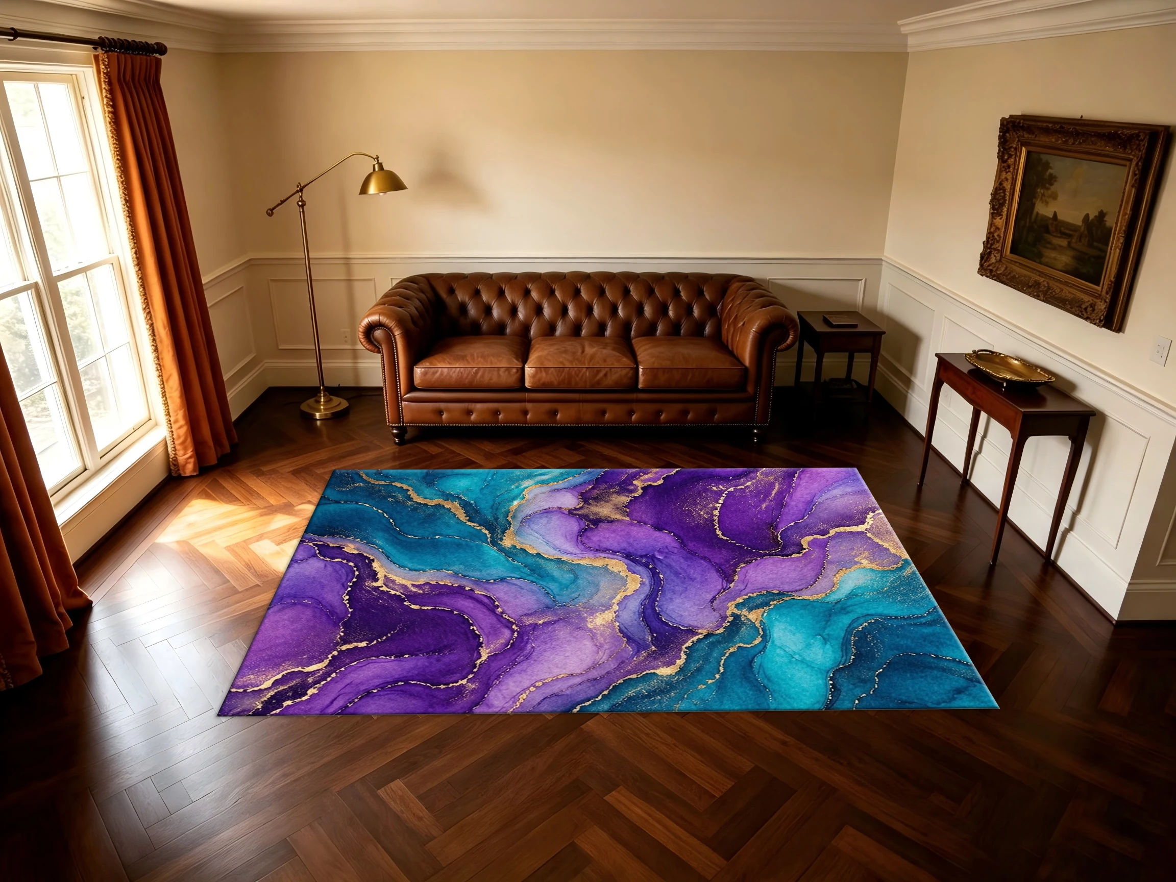 Purple Teal Alcohol Ink Marble Area Rug Abstract Gold Foil Swirl Non‑Slip Floor Mat for Living Room Bedroom Home Decoration