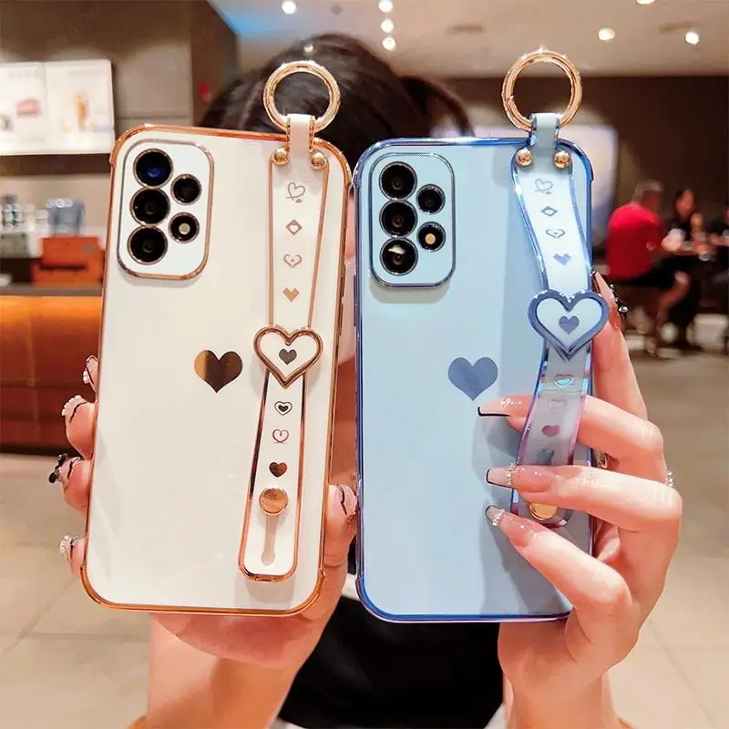 Electroplated Soft Case For Samsung Galaxy S23 S24 Ultra S20 S23 FE A55 A53 A54 5G Love Heart Wrist Strap Silicone Phone Cover