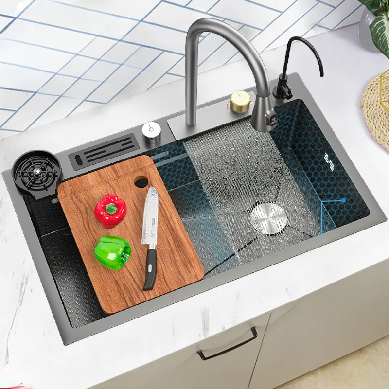 Feiyu Waterfall Large Single Slot Nano 304 Stainless Steel Sink Kitchen Household Embossed Dishwashing Pool Honeycomb Vegetable