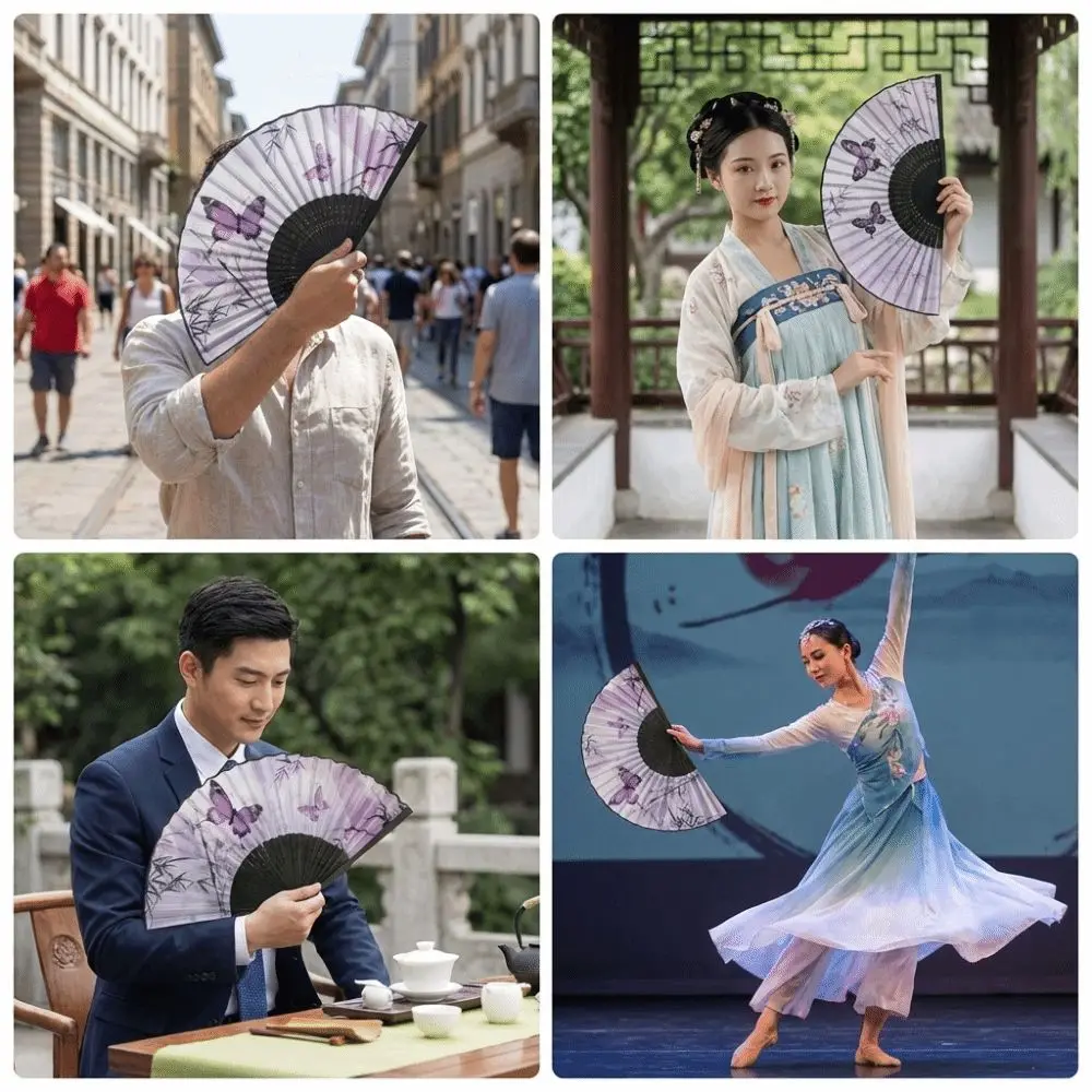 Portable Chinese Style Silk Folding Fan Butterfly Pattern Cooling Handheld Fan Handmade with Tassel Decorative Fan Party Props