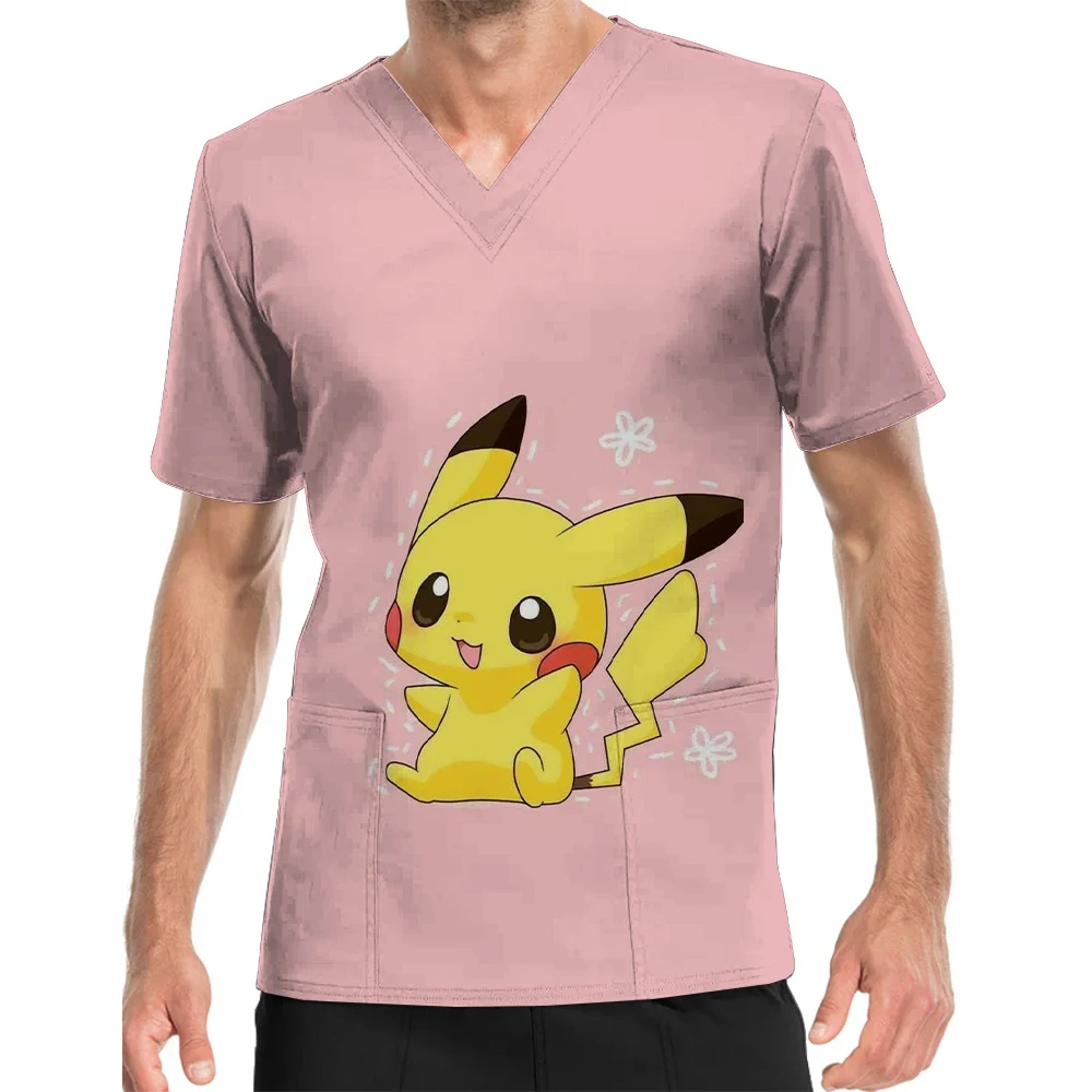 Pikachu print men's short-sleeved work clothes nursing hospital beauty salon dental nursing clothes V-Neck Print Scrub Top