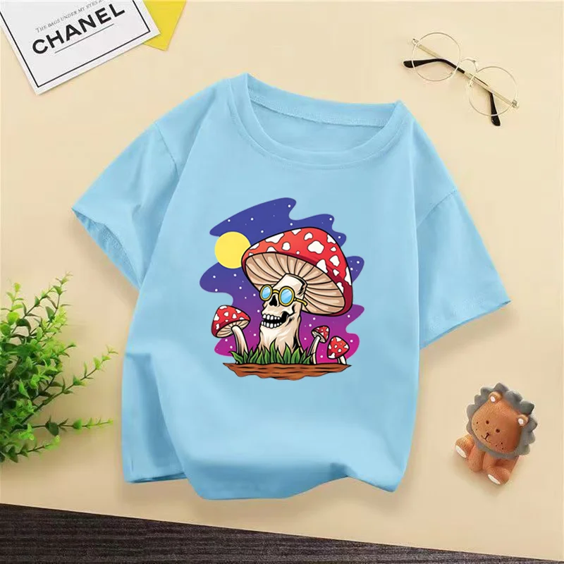 Kids Skull Mushroom Print T-shirt, Cute Trippy Cartoon Graphic Short Sleeve Cotton Casual Tee for Boys Girls Daily WX103