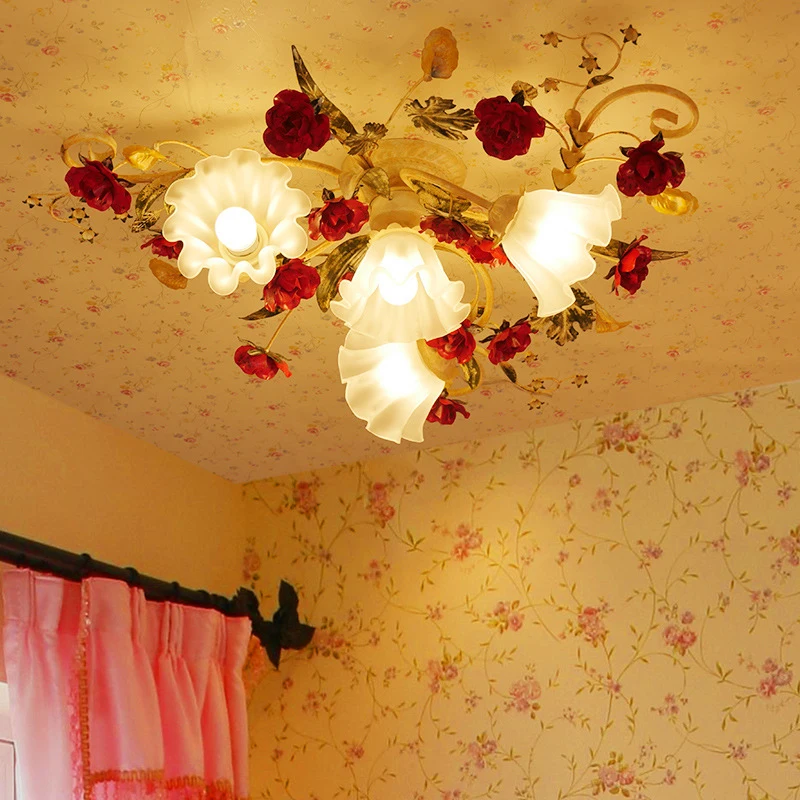 Warm Romantic Wedding Room led Ceiling Lamp European Style Rural Ceiling Light Living Room Bedroom Retro Flower Lighting Fixture