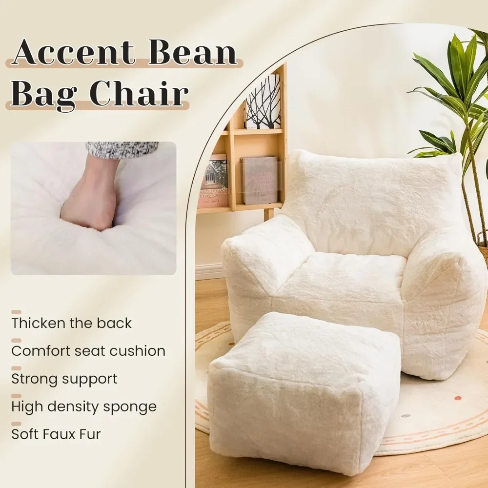 Bean Bag Chair with Ottoman, Armrest Bean Bag Chair with Filler, Ultra Soft Fluffy Faux Fur Bean Bag Chair with Foot Rest