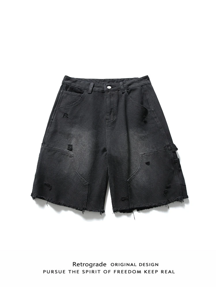 

Retro American Distred Denim orts for Men Summer Streetwear Loose Casual Versatile Straight Leg Five-minute Pants