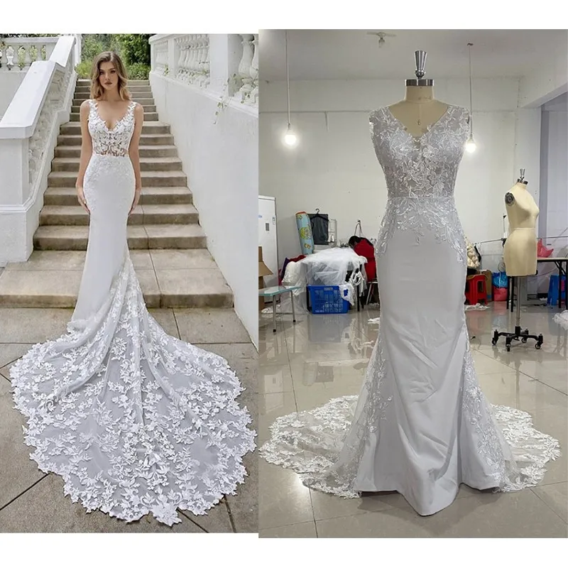 Mermaid Wedding Dress 2024 Summer New Sleeveless Deep V Neck Lace Wrap Boho Wedding Dress Vestido Longo Rosa Customized