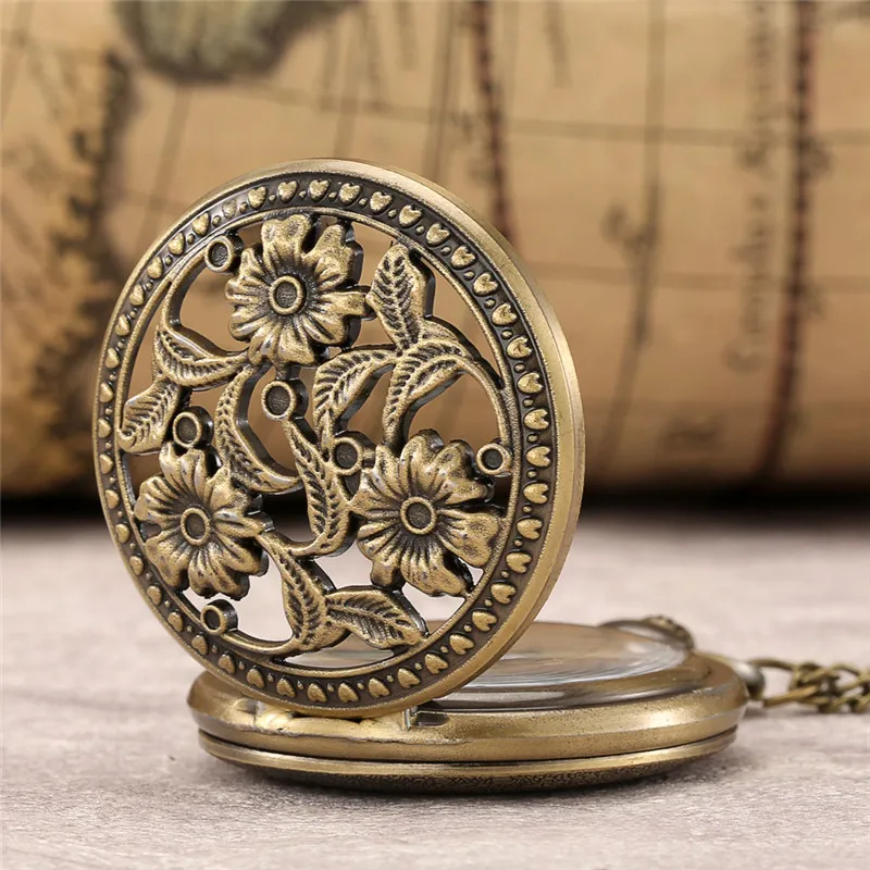 Classic Hollow-Out Flower Case Men Women Bronze Quartz Movement Pocket Watch Arabic Number Display Watches with Long Chain Gift