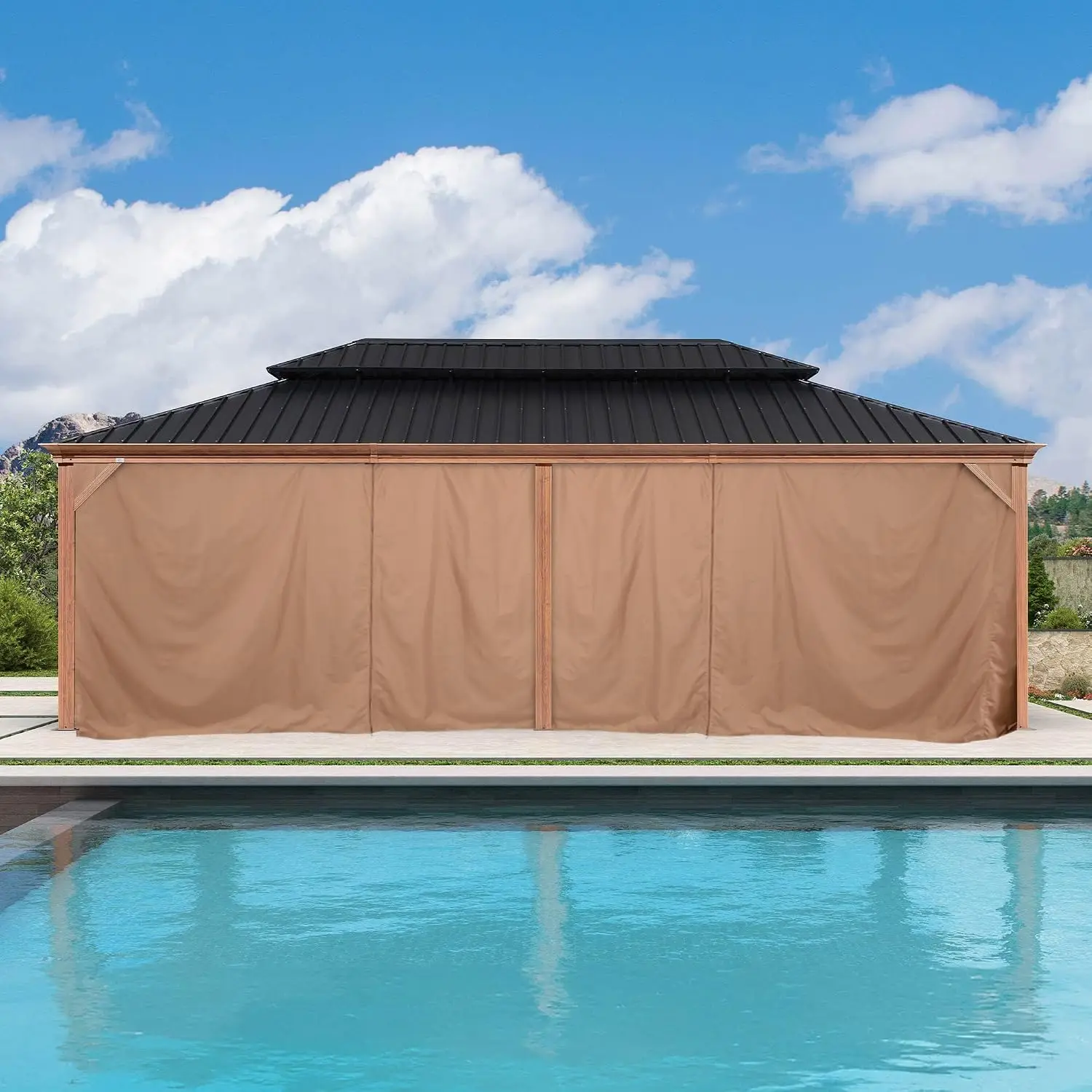 14' X 24' Outdoor Hardtop Gazebo for Patio Galvanized Steel Double Roof Permanent Canopy Teak Finish Coated Aluminum Frame Pavil