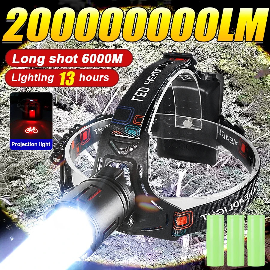 

200000000LM Супер яркий светодиодный налобный фонарь Мощный 3*18650 аккумуляторная батарея проектор налобный фонарь для рыбалки, кемпинга, зум-налобный фонарь