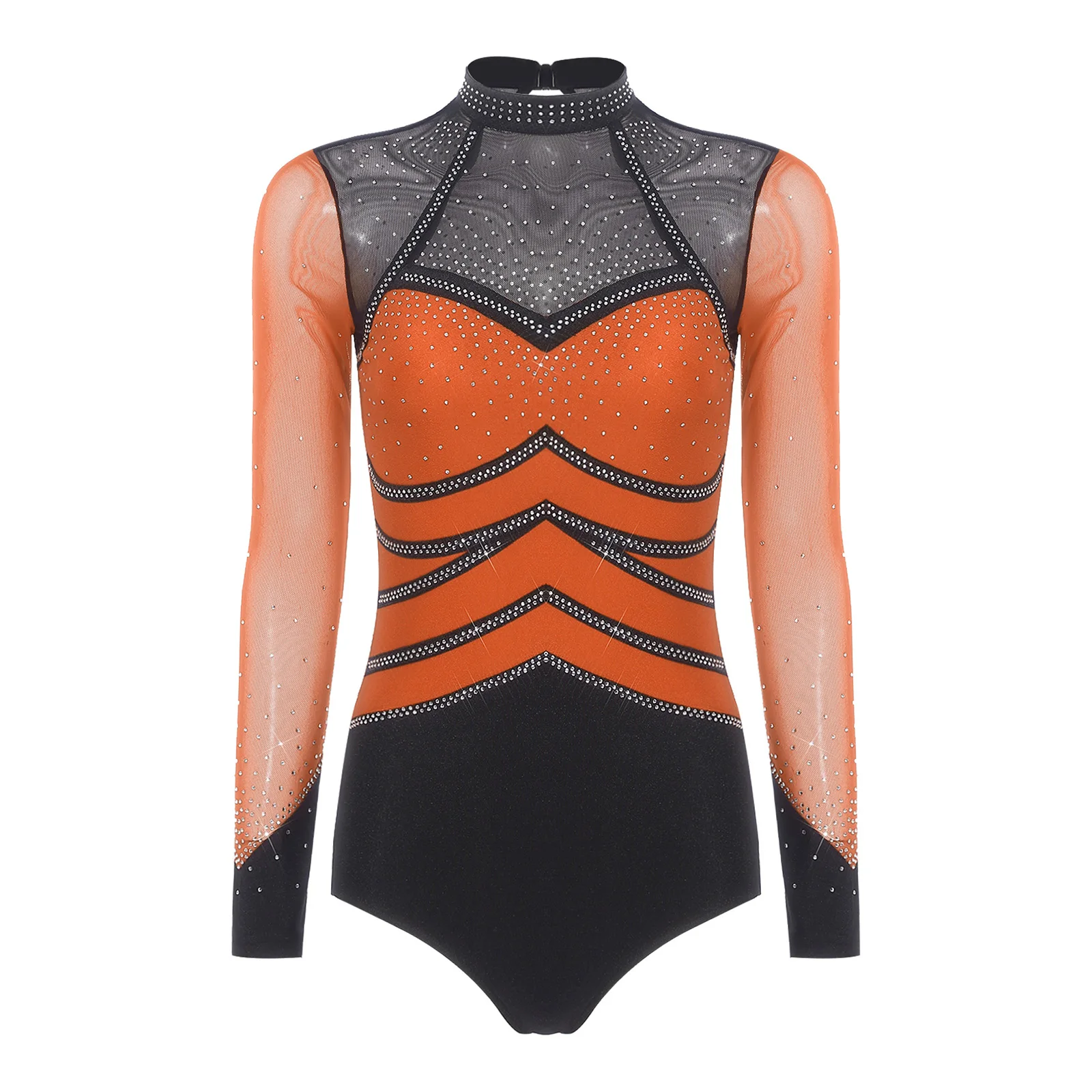 

Women Figure Skating Gymnastics Leotard Dance Rhythmic Bodysuit Shiny Rhinestones Sheer Mesh Long Sleeve Crotch Buttons Jumpsuit