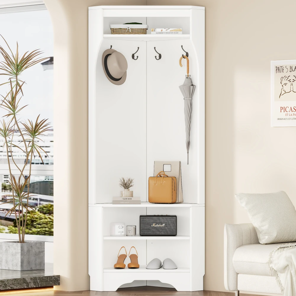 ON-TREND Minimalist Corner Hall Tree with Shoe Bench, Versatile Entryway Coat Rack with 4 Hooks, Corner Cabinet