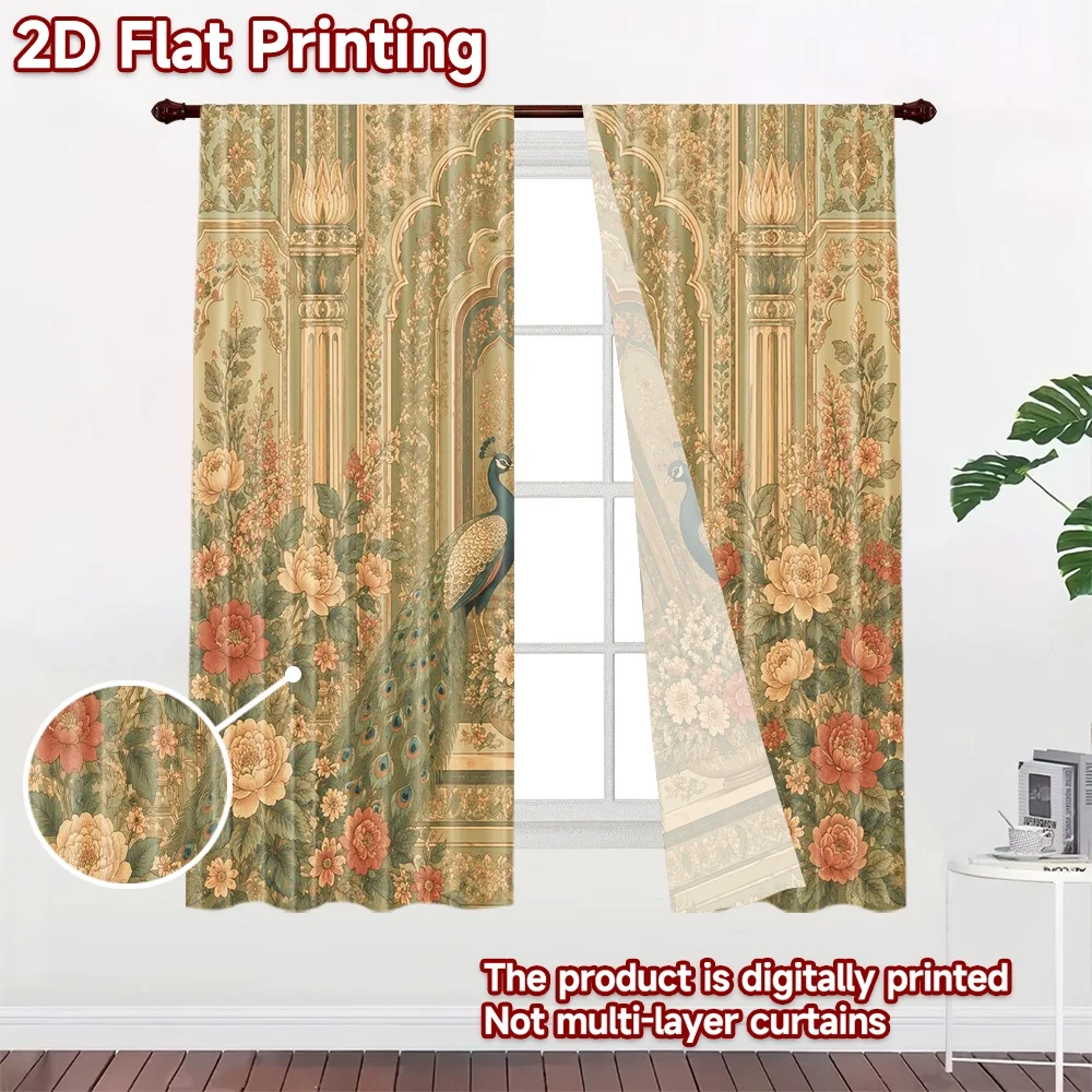 2D flat 2pcs Curtain Home Short Curtains Vintage Peacock Floral Arch Durable polyester fiber Festive Curtains Perfect for Indoor