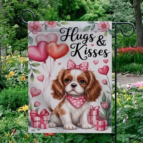 Bandera de jardín de San Valentín con diseño de Cavalier King Charles Spaniel, abrazos y besos, decoración para patio de cachorros IIX WZZ