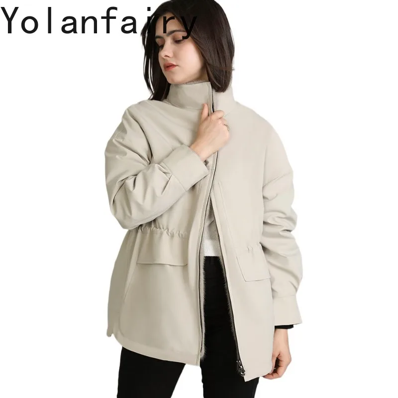 YOLANFAIRY Women's High-end 100% Real Fur Genuine Mink Coat Winter Square Collar Parka Detachable Natural Whole Mink Fur Liner