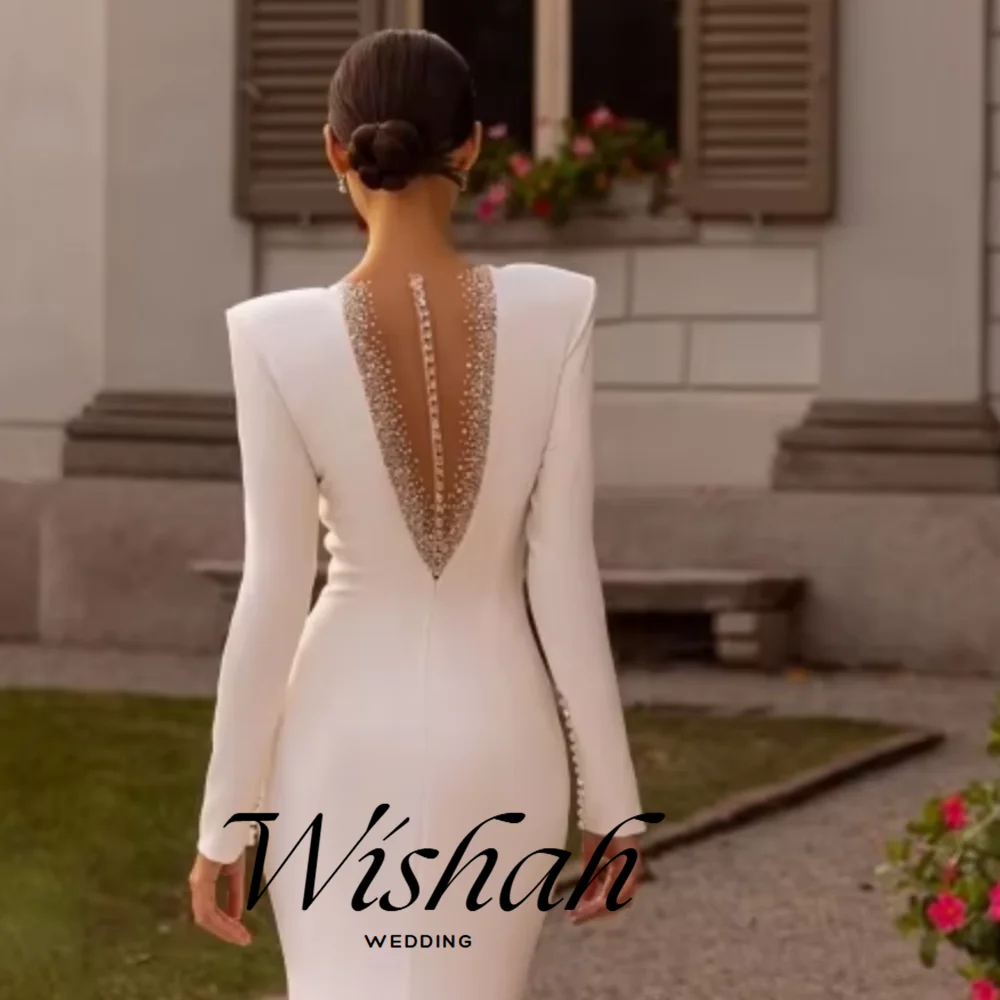 Wishah Customized Elegant White Sexy Deep V-neck Long Sleeveless Sequins Backless Mermaid Long Bridal Gown for Wedding Party