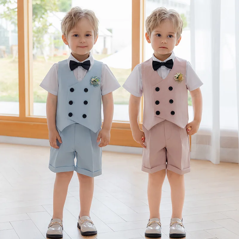 

Children's Summer Short-sleeved Vest Suit Boy Host Performance Photography Wedding Dress Kids Waistcoat Shorts Bowtie Clothes