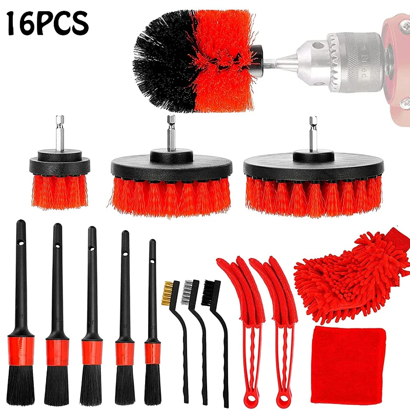 16PCS Car Detailing Tools Drill Brush Interior Detail Blinds Brush Car Wash Gloves Cleaning Rag