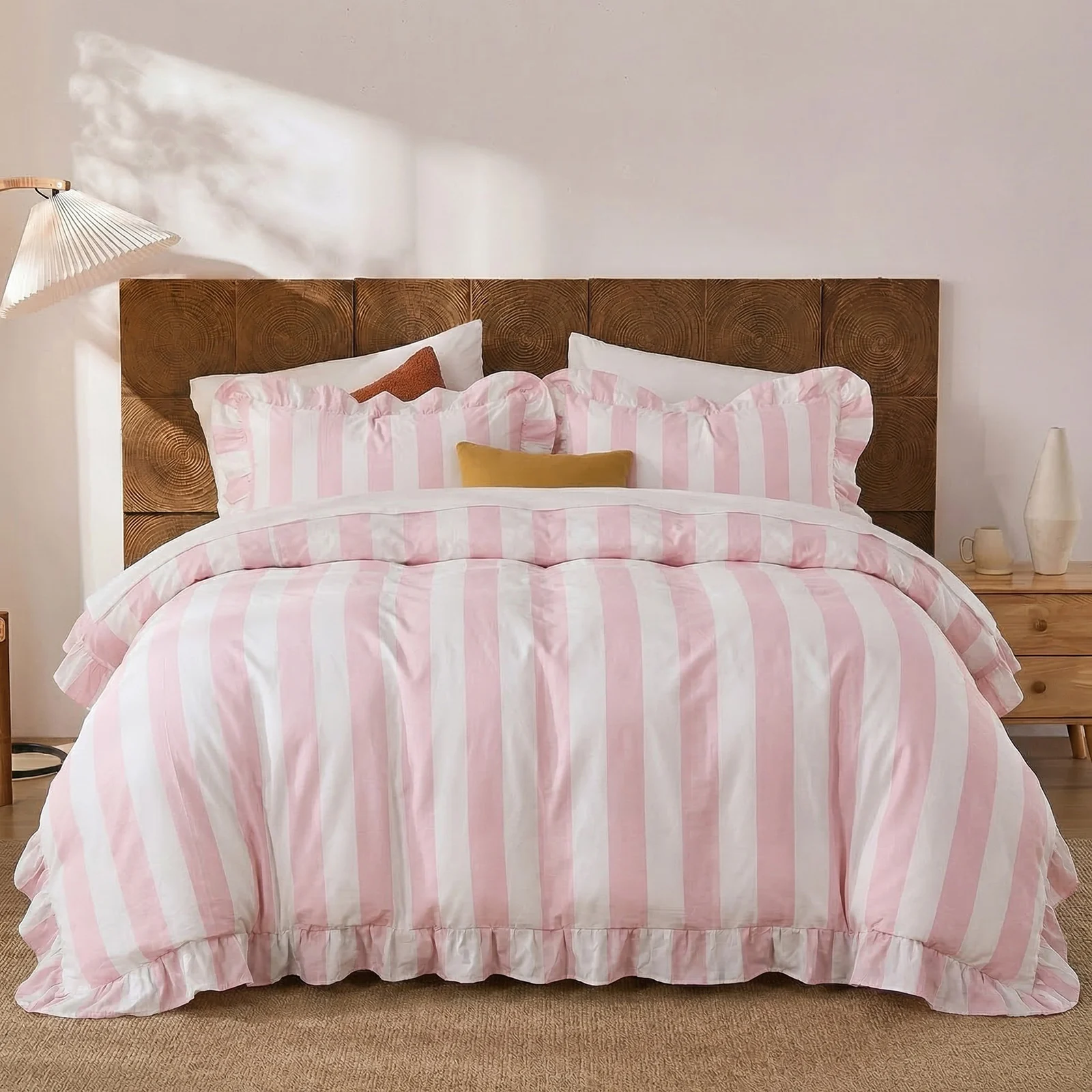 Luxury 100% Cotton Duvet Cover Set Queen Size – Pink Wide Stripe with Ruffled Edges, Soft Breathable Bedding Set 3 Pieces, Zipper Closure & 8 Corner Ties