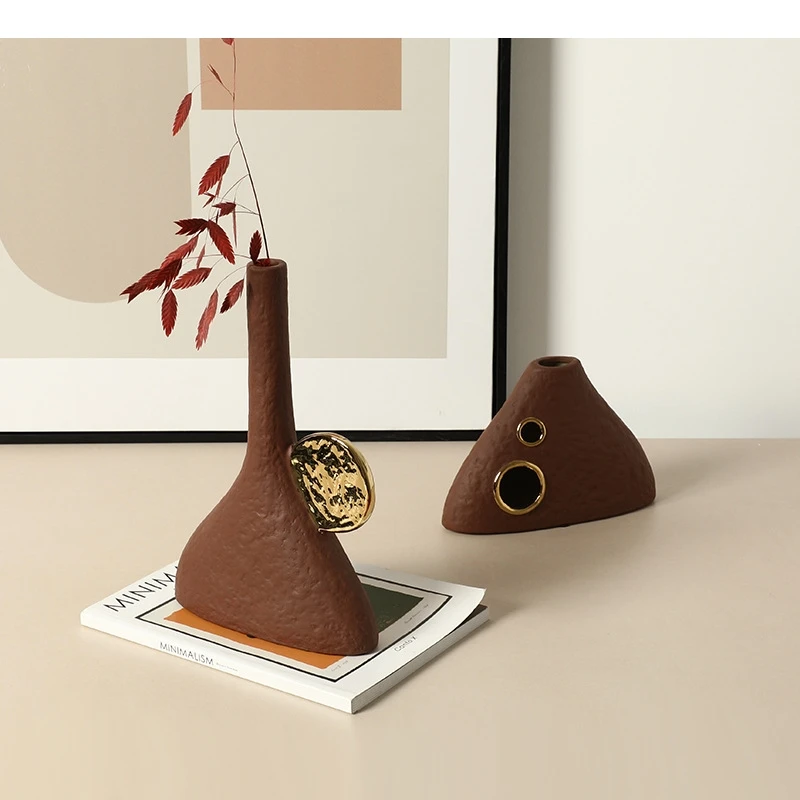 Ceramic Vase Geometric Triangle Hollowed-out Flower Arrangement Flower Vase Artistic Flowerpot Home Decoration Accessories