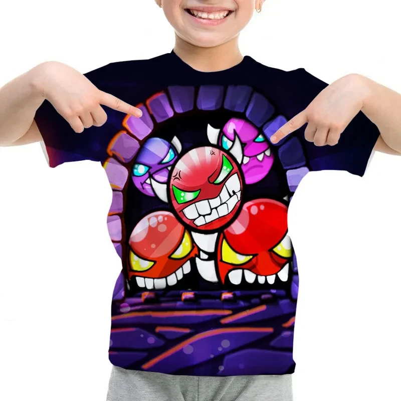 子供のための壮大なゲームジオメトリのTシャツ,3D漫画のプリントが施されたカジュアルな半袖シャツ,男の子と女の子のための夏服