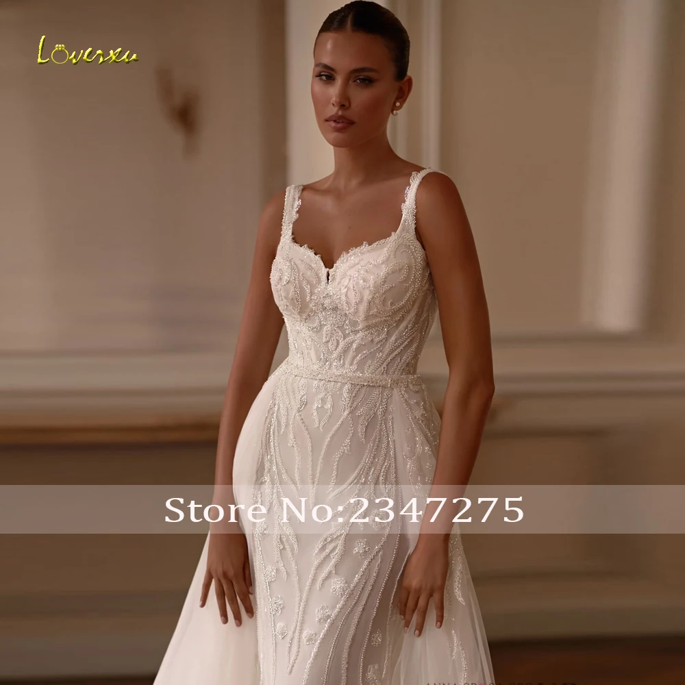 Loverxu Mermaid Wedding Dresses Scalloped Sleeveless Vestido De Novia Lace Embroidery Detachable Train Custom Made Bridal Gown