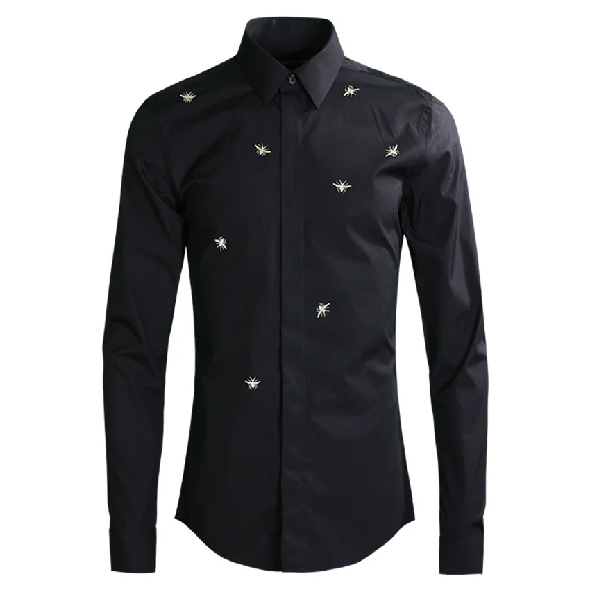 2021 Bee Embroidery Men\'s Shirt Long Sleeve Business Formal Dress Shirts Casual Slim Fit Social Party Stage Star Chemise Homme