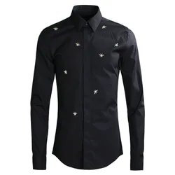 2021 Bee Embroidery Men's Shirt Long Sleeve Business Formal Dress Shirts Casual Slim Fit Social Party Stage Star Chemise Homme