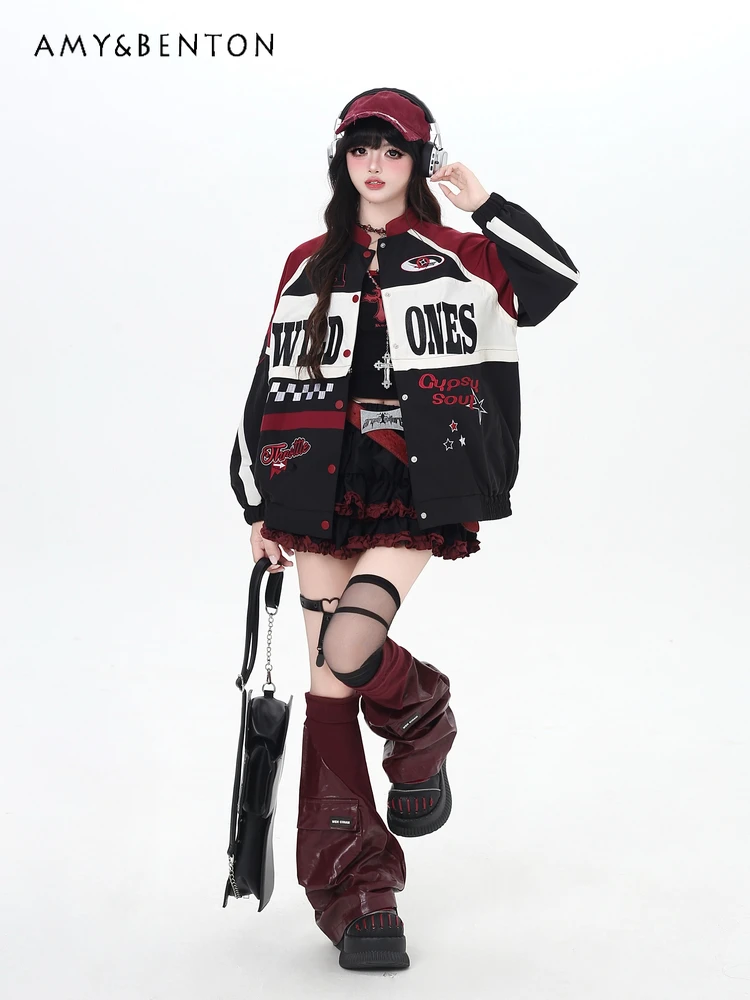 

Street Retro American Retro Motorcycle Style Loose Functional Baseball Jacket Sweet Cool Letter Print Patchwork Casual Jackets