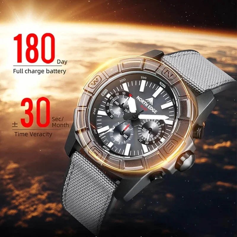NORTH EDGE 2027 BLAZE Men's Watches Solar Power 316 stainless steel Case Quartz Watch For Men Pilot Waterproof 50M Stopwatch