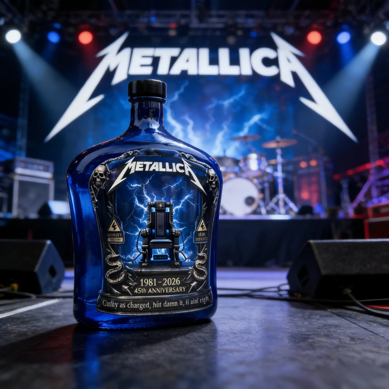 Metallica 45th Anniversary 1981-2026 Blue Ceramic Whiskey Bottle - Lightning Electric Chair Design Collection Decorative Bottle - view 3