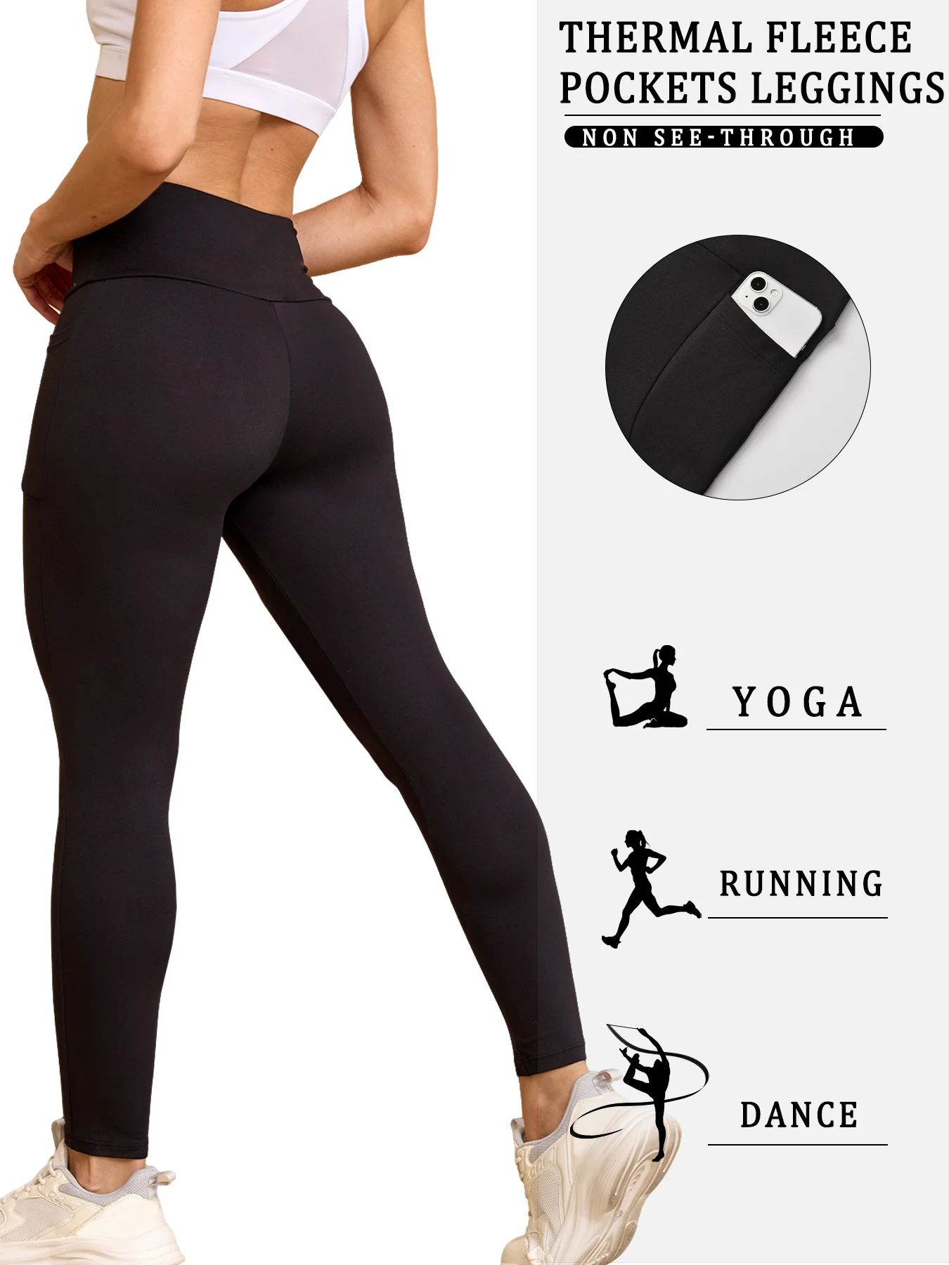 3 Pack Thermal Fleece Lined Leggings with Pockets for Women - Tummy Control Winter Warm Thick Tights Workout Running Pants