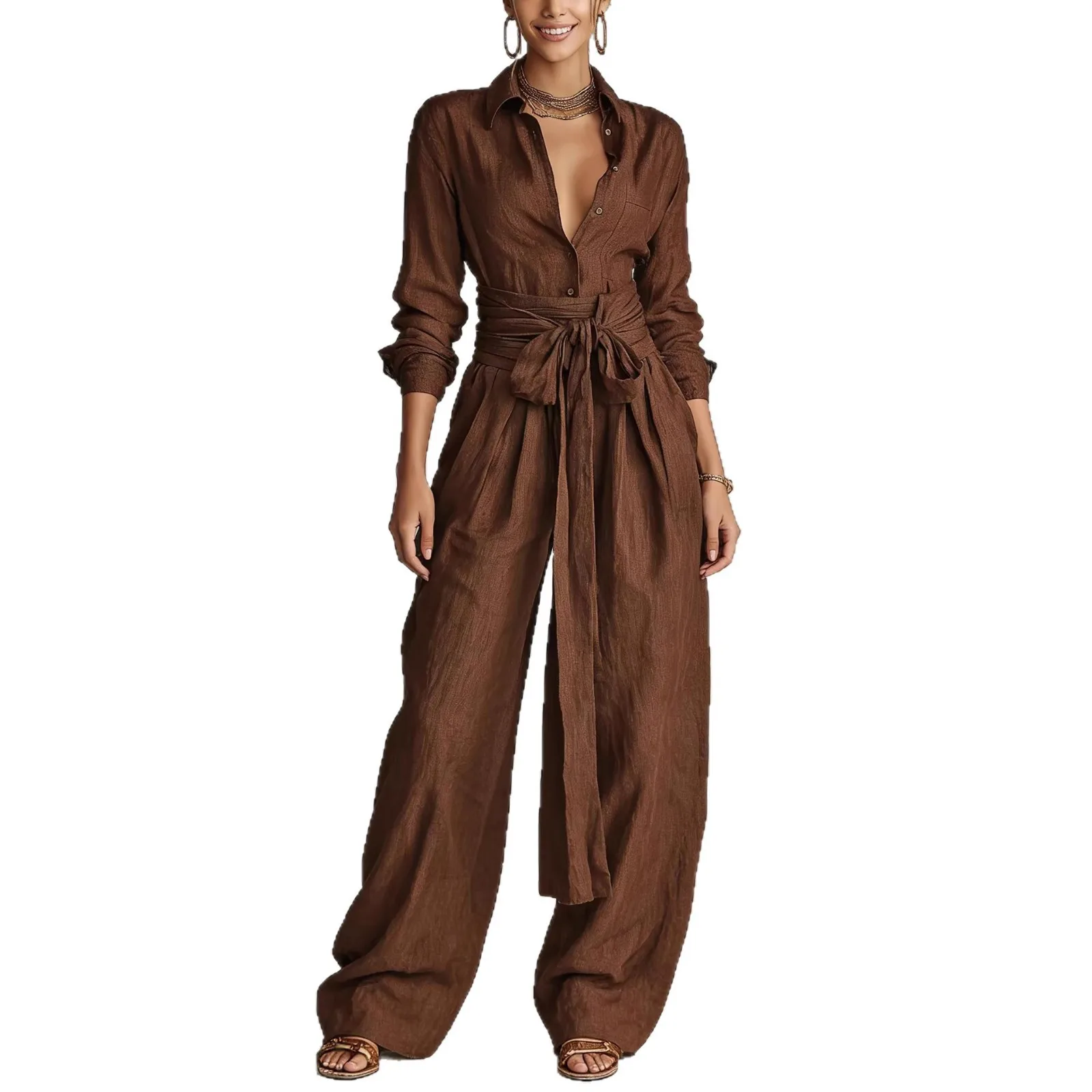 Women Brown Jumpsuit  Outfit Lapel Long Sleeve Button Shirt High Waist Belt Tie Wide Leg Pants Elegant Office Vacation Jumpsuits view 3